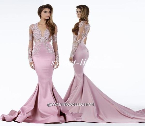 2019 Miss USA Abiti da concorso Mermaid Sheer Deep V Neck Lace Sweep Train in raso Plus size Abiti da sera a maniche lunghe Celebrità PR8175833