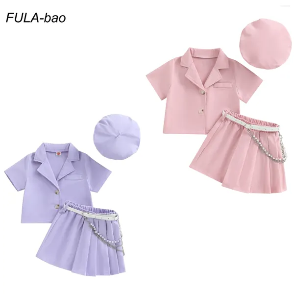 Set di abbigliamento 2024 Summer Toddler Kids Girl 4pcs Short Shirt Shirt Tops Abita pieghettata Cappello carino con catena di cintura per 1-7 anni