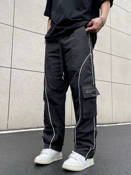 Y2K Katı Çizgili Kontrast Trim Çizme Pantolon Bahar Sonbahar Erkek Giysileri için Günlük Gevşek Elastik Bel 240423