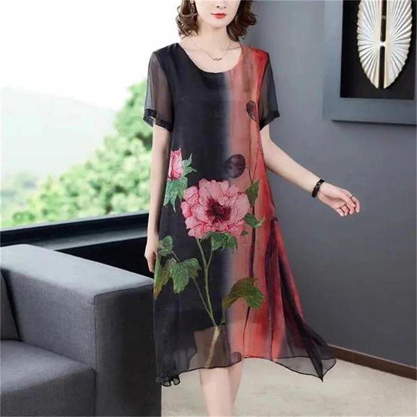 Partykleider 2024 Sommerkleid Langdruck Fett Frau ist dünn und locker koreanischer rotes Chiffon Frauenkleidung Größe 3xl Vintage