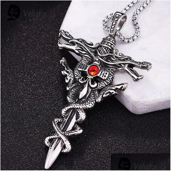 Anhänger Halsketten Mode Doppel Dragon Schwert Titanium Stahl Halskette Retro Punk Cross Lucky Fortune Mens Accessoires Juwely Geschenk D Dhuco