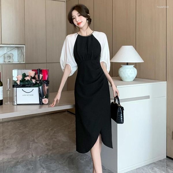 Lässige Kleider Frauen Schwarz Kleid 2024 Büro Dame Korea Stil Drei Viertel Ärmel Halb Patchwork Stricke O-Neck Falten