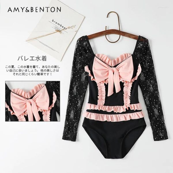 Женские купальные костюмы Y2K Girl One Piece Swimsuit милый милый лоскут с длинным рукавом для купания женский каваи, сексуальный стройный