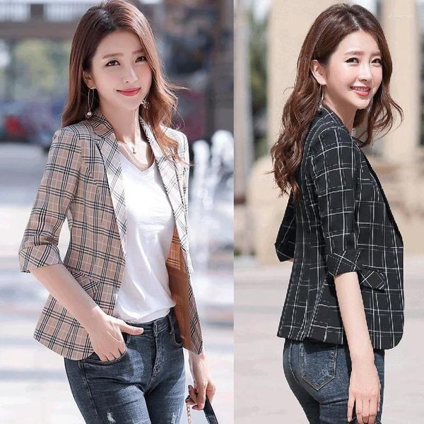 Ternos femininos S-4XL Mulheres Blazer Jaqueta Plaid Slim Spring Autumn Office Casual Office Work Plus Size Black White White