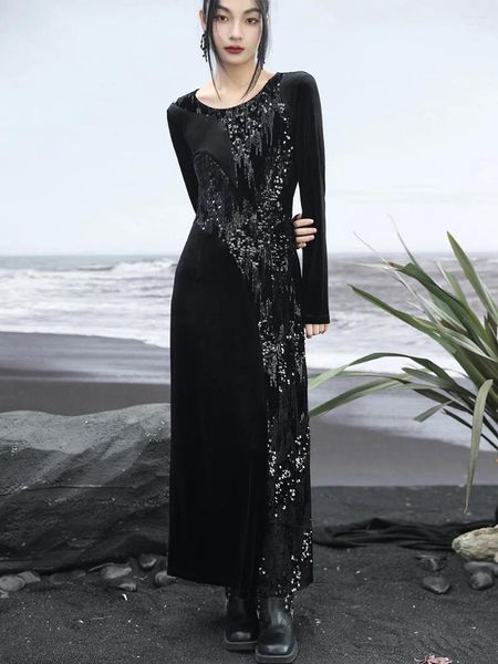 Этническая одежда ниша дизайн бархатный платье женское пэттро -ретро -пэттро -пэттро -пэтч -образец черный грунтовка Юбка китайская чингсам