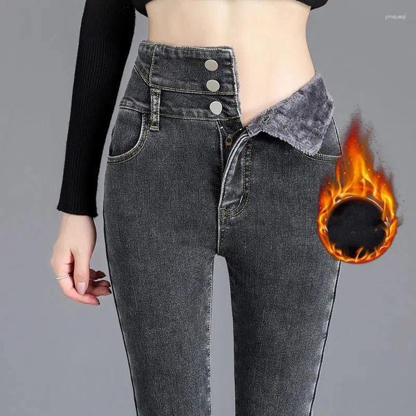 Jeans femininos de cintura alta normal dentro do inverno engrossar calças jeans finas Mulheres Lápis magros Vaqueros Vintage Leggings Troushers