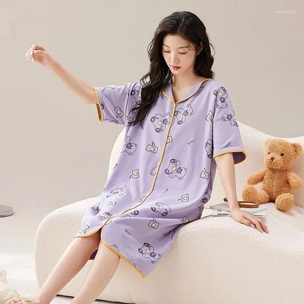 Kadınların Pijama Karikatür Ayı Sevimli Nightdress Pamuk Homewear Yaz için Kısa Kollu Uyku Elbisesi Göğüs Pedi Dışarıda Takılabilir