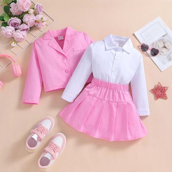 Set di abbigliamento da 3 pezzi per bambini abiti da ragazza per bambini primaverila autunno solido camicia a maniche lunghe Topsocchi di gonne da 3 pari abiti bambini 2-7y