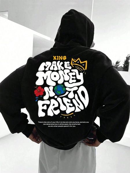 Herren Hoodies Kapuze Fleece Weiche Sweatshirt Brief Slogan Print verdienen Geld nicht Freund Cartoon Pullover Harajuku Mode Sweatshirts