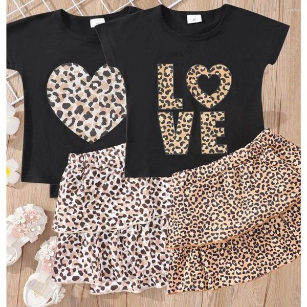 Roupas Conjuntos 2024 Irmãs Terno de saia Kids gril 2 PCS Conjunto de camiseta verão amor fofo de leopardo para meninas roupas 3 4 5 6 7 8 anos