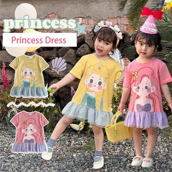 Vestidos de menina 3-7 anos de verão garotas vestidos de desenho animado fofo coreano ruffle princesa de manga curta