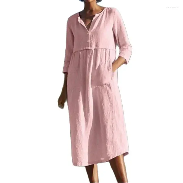 Partykleiderinnen Frauen Einbrastant halb geöffnet O Hals hohe Taille Doppeltaschen halbe Ärmelkleid weibliche lose Baumwollwäsche Casual Gown