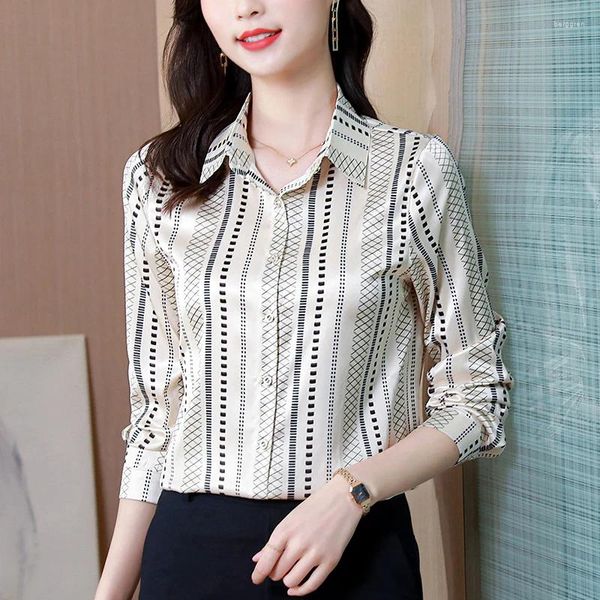 Frauenblusen Satin Frauen Hemd 2024 Herbstkleidung Vintage Büro Lady Long Sleeve Bluse Button Up Ol Print Womens Tops