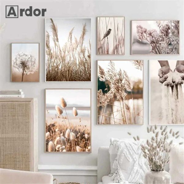 Unset Coral Grass Bird Flower Plant Wall Art Canvas Poster praia impressão nórdica Pintura de arte de parede Decoração da sala de estar J240505