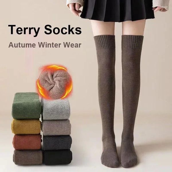 Mulheres meias outono inverno algodão pesado meias jk garotas sobre joelho quente estilo japonês alta meias de meia feminina Terry