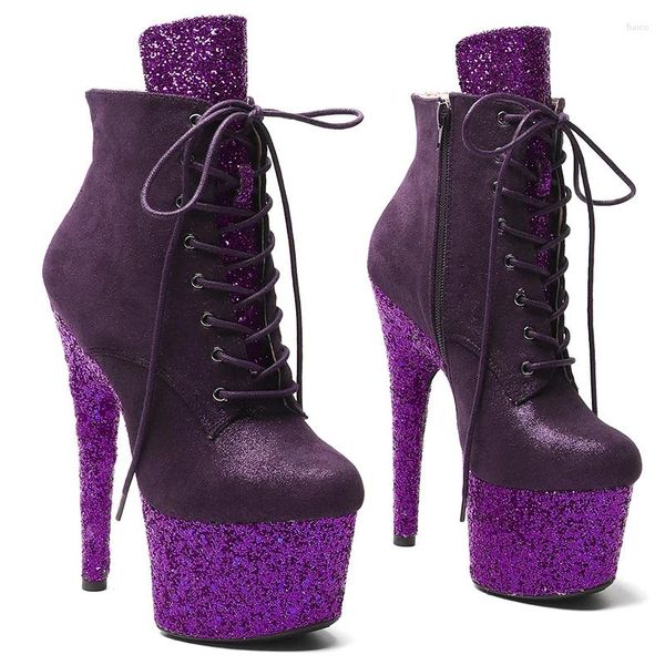 Botas Leecabe 17cm/7inches Surue Suede Superior Plataforma de Glitter Alto Coloque o Poste do tornozelo dançando