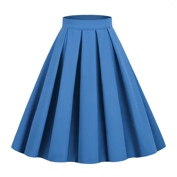 Röcke Hepburn Style Falten -Vintage -Rock Feste Farbe einer Linie Taille Midi mit Taschen für Frauen Regenschirm Saum flauschiger Faldas