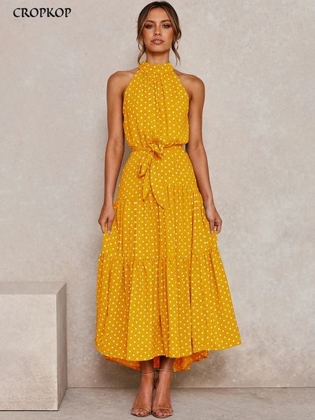 Sommer langes Kleid auf Tupfen lässige Kleider schwarze sexy Halfter trägerloser gelbe Sundress Urlaubskleidung für Frauen 240424