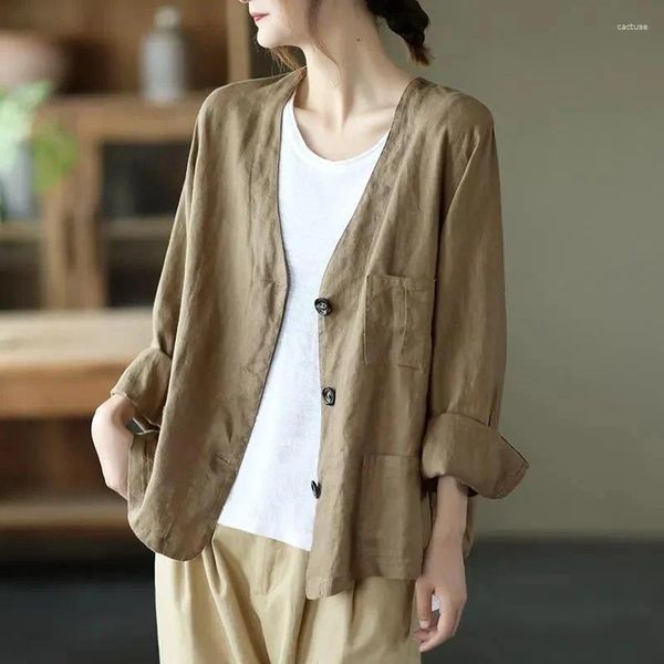 Frauenanzüge S-4xl Frauen Blazer Jacke Baumwolle Dünne Retro Vintage Loose Frühlings Sommer Herumn Casual Office Arbeit Plus Size Beige