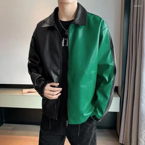 Jackets masculinos Spring Motorcycle PU Couather Men Men Green Patchwork Vintage Hip Hop Coat Bomber Bomber Varsity Streetwear