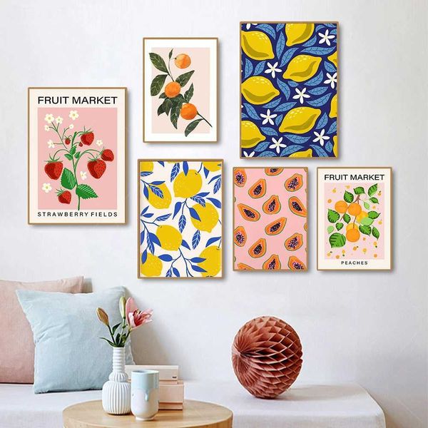 Imagens de parede de frutas de frutas Lemons laranjas de mamão de mamão Arte da parede da parede Posters nórdicos e decoração de impressão e sala de estar J240505