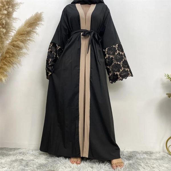 Abbigliamento etnico aperto Abaya Dubai Kimono Donne a maniche lunghe Cardigan Front Assù musulmana islamica Caftan in pizzo islamico con abito Ramadan con cintura