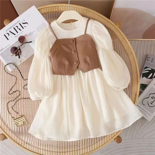 Langarm Chiffon Prinzessin Kleid PU Lederweste 2pcs 2024 Mädchen Frühlings- und Herbstmode 212 Jahre Kinder Kleidung 240428