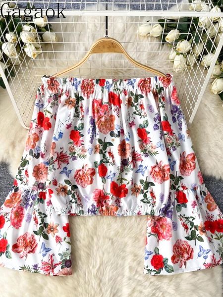 Frauenblusen Gagaok von Schulterblumenbluse Frauen süße Flare Langarm Top INS FODEMEHT Summer Streetwear Holiday Blusas