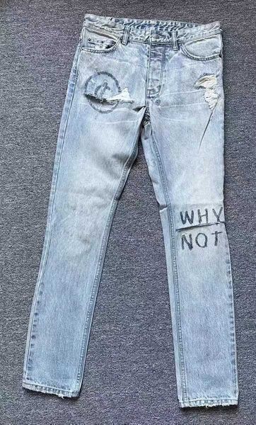 Jeans masculina moda novo designer ksubi jeans para calças mensagens jeans jeans homens de ponta design retro rip rip jeans de jeans cinza tinta angústia slim fit strtegg