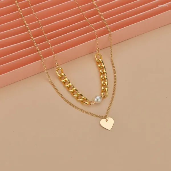 Anhänger Halsketten Doppelschicht Frauen Perlen Halskette Eisenscheibe Pfirsich Herz Gold Farbketten Kette Choker für Frauen Mode Jude