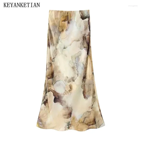 Юбки Keyanketian 2024 Запуск женской атласной текстуры Tie-Dye Print Midi Skirt Spring Vintage High-waiste A-Line-лодыжка длиной