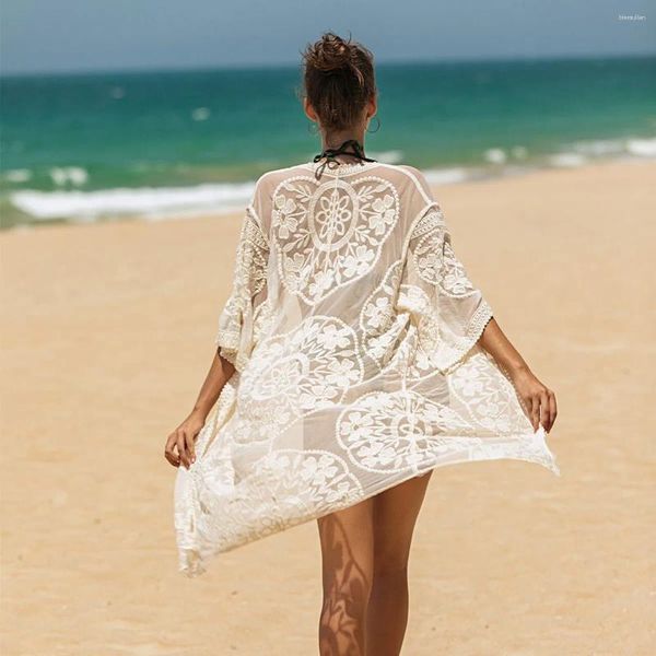 Flowy Flowy Swimsuit Kimono Cardigan Lace Crochet Floral Beach Concobrar roupas de biquíni para férias