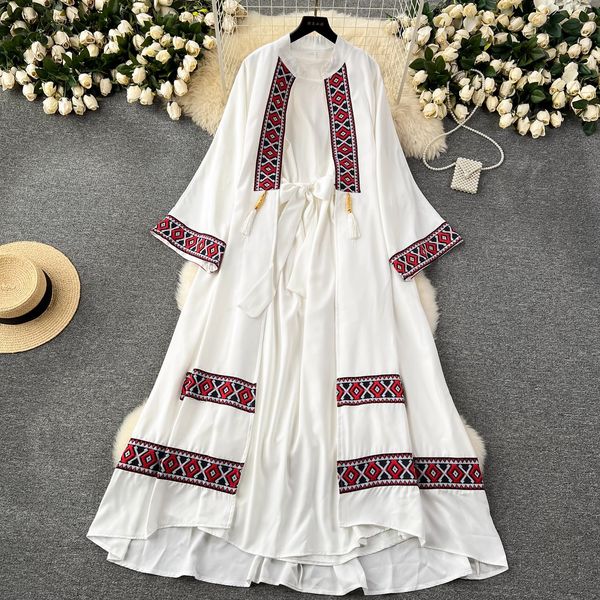 Mulheres vestidos casuais básicos boêmios bordados de grande porte bordados chiffon cardigan kaftans muçulmanos galhes de pescoço feminino