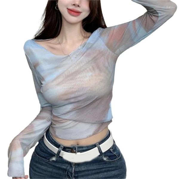 Frauen T-Shirts Frauen Krawatten-Dye bedruckt Langarm rundes Nackennetz T-Shirts Asymmetrische Saumpullover Crop Top Party Blusen