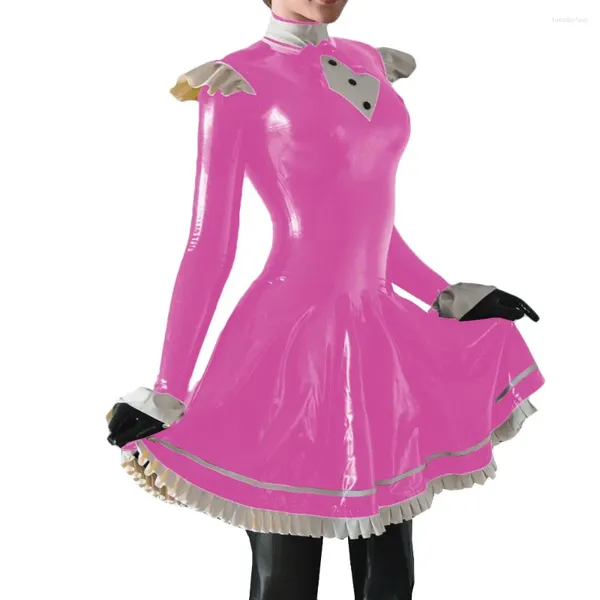 Abiti casual Abbine a teneroni a cucchiaia a maniche lunghe abito femminuccia Wetlook Pvc Fashion Mini Slim Bodycon Pink per Women Party Clubwear 7xl