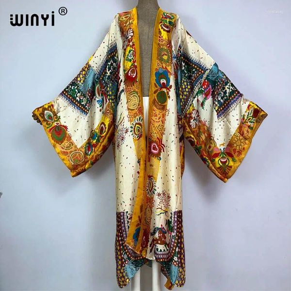 Europa Winyi Summer Beach Coprione Sweet Lady Boho Cardigan Sexy Maxi Holiday Maniche lunghe Kimono Africa Sensazione di seta