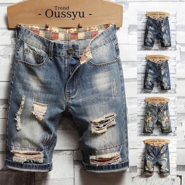 Sommer -Baumwoll -Herren Ripped Loch Denim Shorts Thin Casual gerade Retro Biker Knie Länge kurze Jeans Männlich Streetwear Plus Size 240429