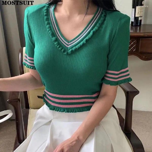 Maglioni femminili coreani maglione a v-collo donna t-shirt pullover 2024 Summer Shor Shor Slim moda elegante magnione chic da maglieria chic.