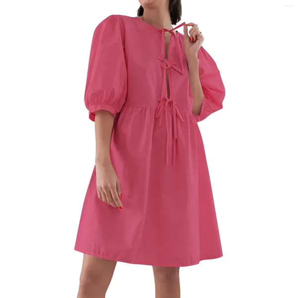 Vestidos casuais amarrar feminino manga soprada o pescoço de vestido midi vestido midi impressão de pescoço quadrado