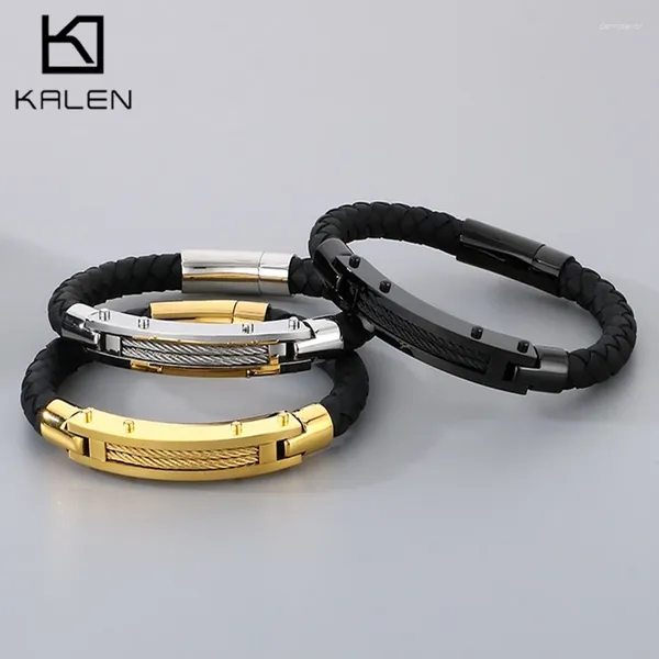 Bracelets de charme Pulseira de couro de cabeleira simples para homens Presente de alta qualidade aço inoxidável Jóias de moda de mecanismo magnético