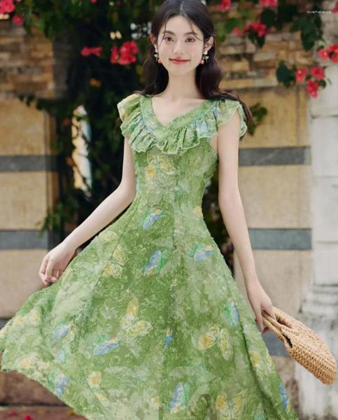 Повседневные платья Винтажные французские романтические летающие рукава коттеджафариновая бабочка при печати зеленое платье Женское принцесса ночь вечера Венидо