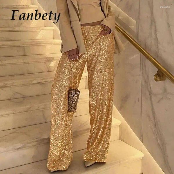 Frauenhose Fashion Party Solid Pailletten Hosen Chic High Taille Straight Pant Woman Kleidung 2024 Show Style Glitter 2yk Long