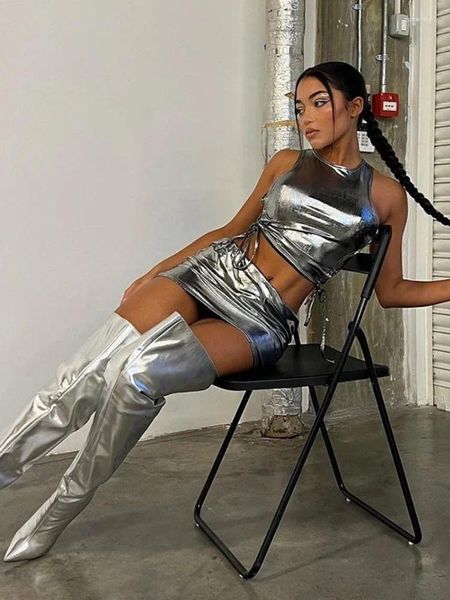 Vestidos de trabalho Mini -saia metálica Festival Roupas sem mangas de 2 peças