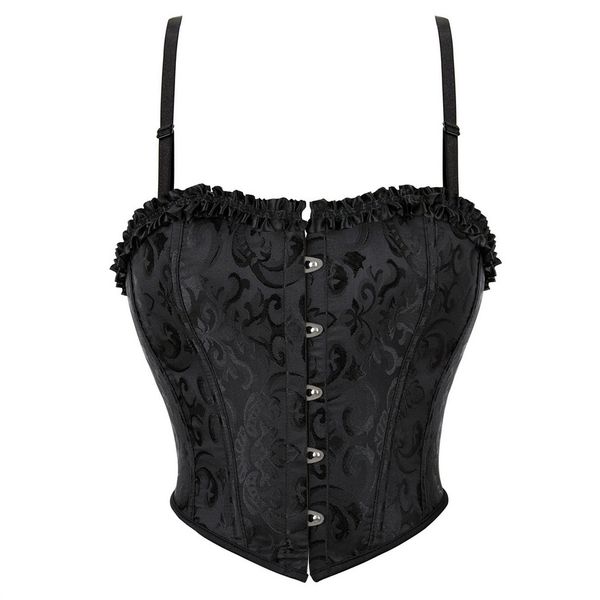 Neues schwarzes Brokat florales Jacquard Corsett Top mit Rüschenverkleidung Frauen Mode-Sling-Ernte Tops Plastik