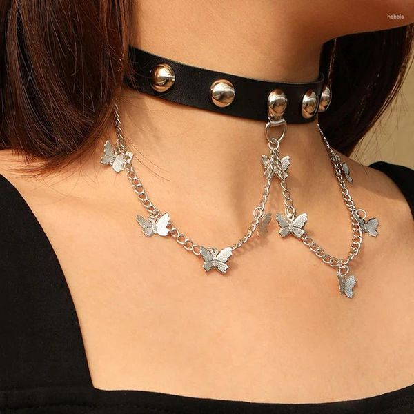 CHOKER PUNK RETRO PUNK Dark Style Personality Collana in pelle larga per donne sexy farfalla rivetta hip hop rock