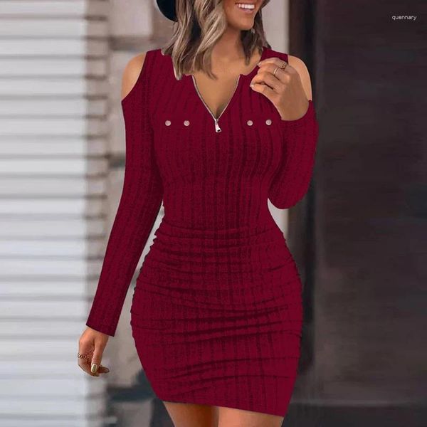 Abiti casual Donne Donne sexy Abito da corpo solido a V Solido Elegante Off Shouler Long Sleeves Mini Fashi