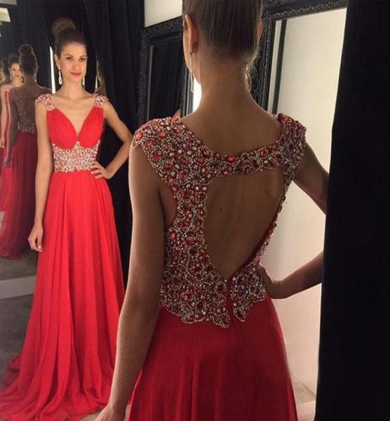 Red Perlen Crystal Open Rücken Abschlussball Kleid Langes Vneck Chiffon Aline Elegante Strass sexy Abendkleider mit Straps7339077