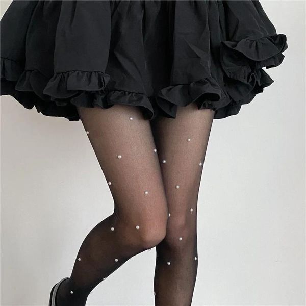 Donne calzini sexy con collant perle collant jk dolci ragazze coscia calze lunghe alte lolita kawaii carino bianco nero