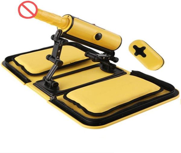 Novo Máquina de Sex Máquina Bolsa portátil Controle Remoto Amarelo 3 Vibrações 3 Empurrando Calor Automático Dildo Bag Machine Gun Love Gun para 1459457