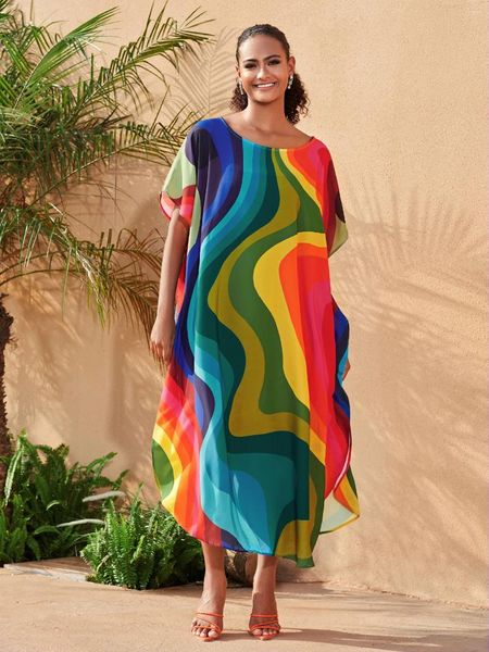 Costume da bagno con stampa arcobaleno bohémien coppa a pipistrello kaftan kaftan elegante abito da spiaggia a fessura da spiaggia turco copertine di abbigliamento da spiaggia Q1563